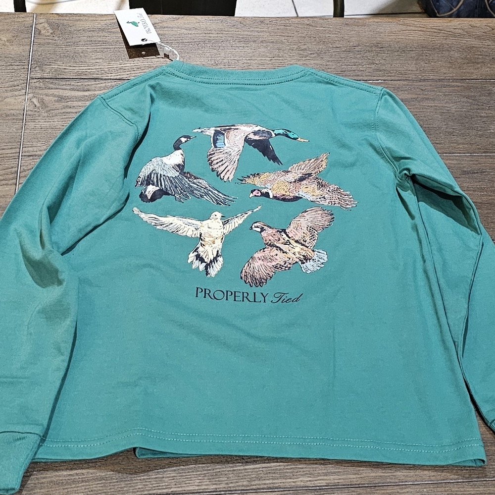New Properly Tied Teal Long Sleeve Shirt with Bird Design kids